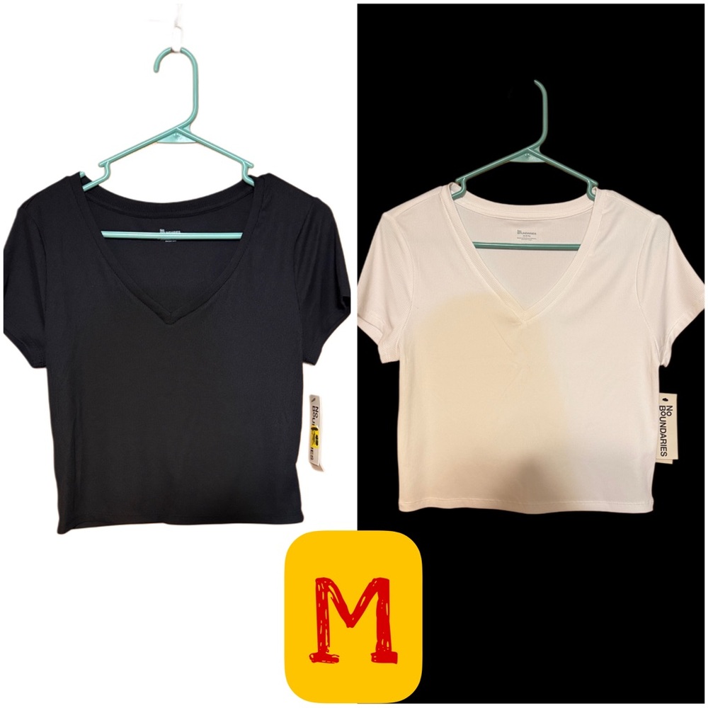 No Boundaries V-Neck Crop Rib Short Sleeve Tee Bundle Black & White M NWT